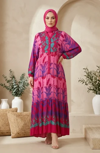 فستان حجاب مزخرف بأزرار من قماش الفسكوز 5590-05 وردي 5590-05