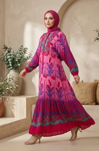 فستان حجاب مزخرف بأزرار من قماش الفسكوز 5590-05 وردي 5590-05