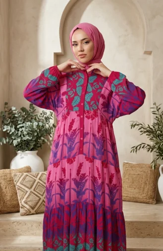 فستان حجاب مزخرف بأزرار من قماش الفسكوز 5590-05 وردي 5590-05