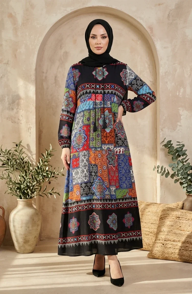 فستان حجاب منقوش من قماش الفسكوز 5592-01 أزرق داكن 5592-01