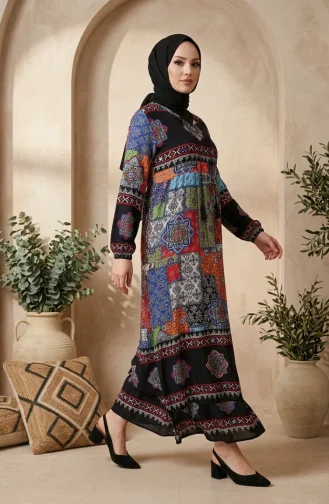 فستان حجاب منقوش من قماش الفسكوز 5592-01 أزرق داكن 5592-01