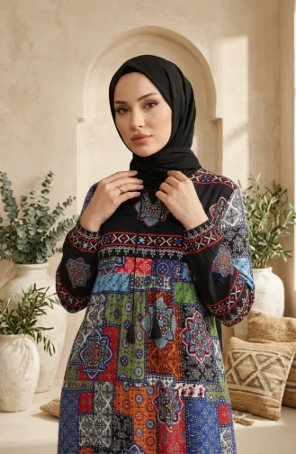فستان حجاب منقوش من قماش الفسكوز 5592-01 أزرق داكن 5592-01