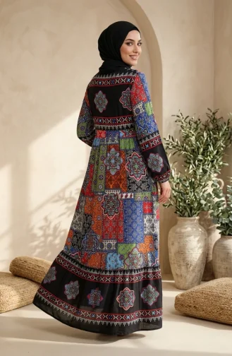 فستان حجاب منقوش من قماش الفسكوز 5592-01 أزرق داكن 5592-01