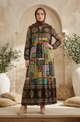 Robe Hijab à Motifs En Viscose 5592-02 Marron 5592-02