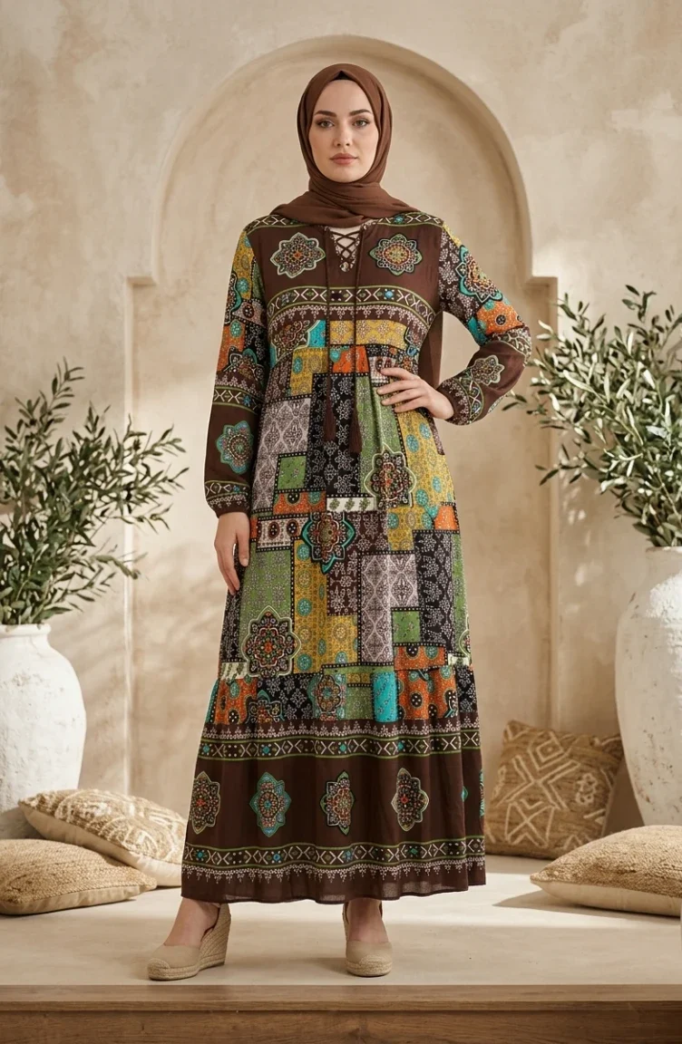 Robe Hijab à Motifs En Viscose 5592-02 Marron 5592-02