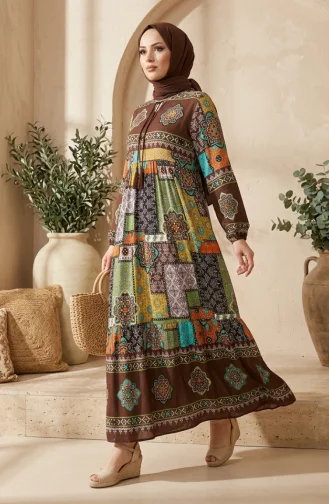 Robe Hijab à Motifs En Viscose 5592-02 Marron 5592-02
