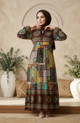 Robe Hijab à Motifs En Viscose 5592-02 Marron 5592-02