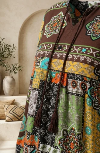 Robe Hijab à Motifs En Viscose 5592-02 Marron 5592-02