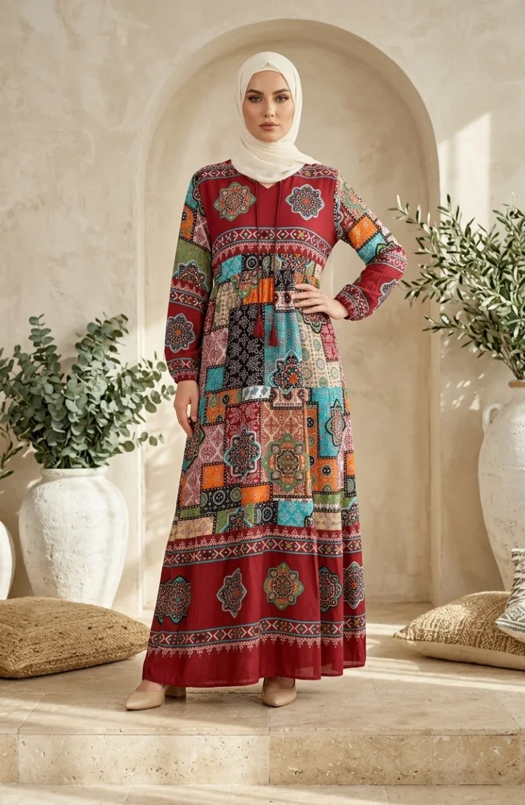 Robe Hijab à Motifs En Viscose 5592-03 Bordeaux 5592-03