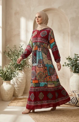 Robe Hijab à Motifs En Viscose 5592-03 Bordeaux 5592-03