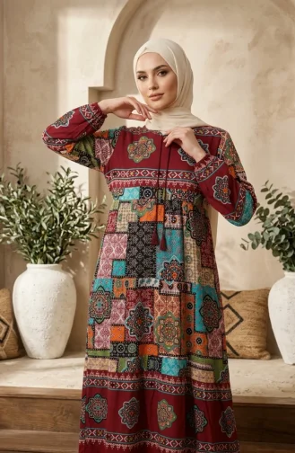 Robe Hijab à Motifs En Viscose 5592-03 Bordeaux 5592-03