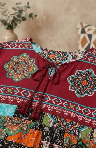 Robe Hijab à Motifs En Viscose 5592-03 Bordeaux 5592-03