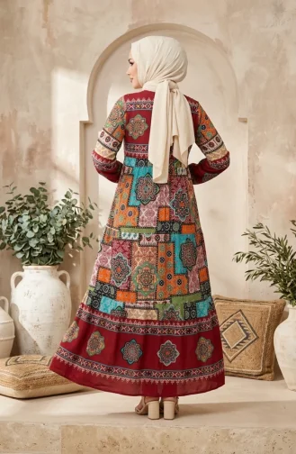 Robe Hijab à Motifs En Viscose 5592-03 Bordeaux 5592-03