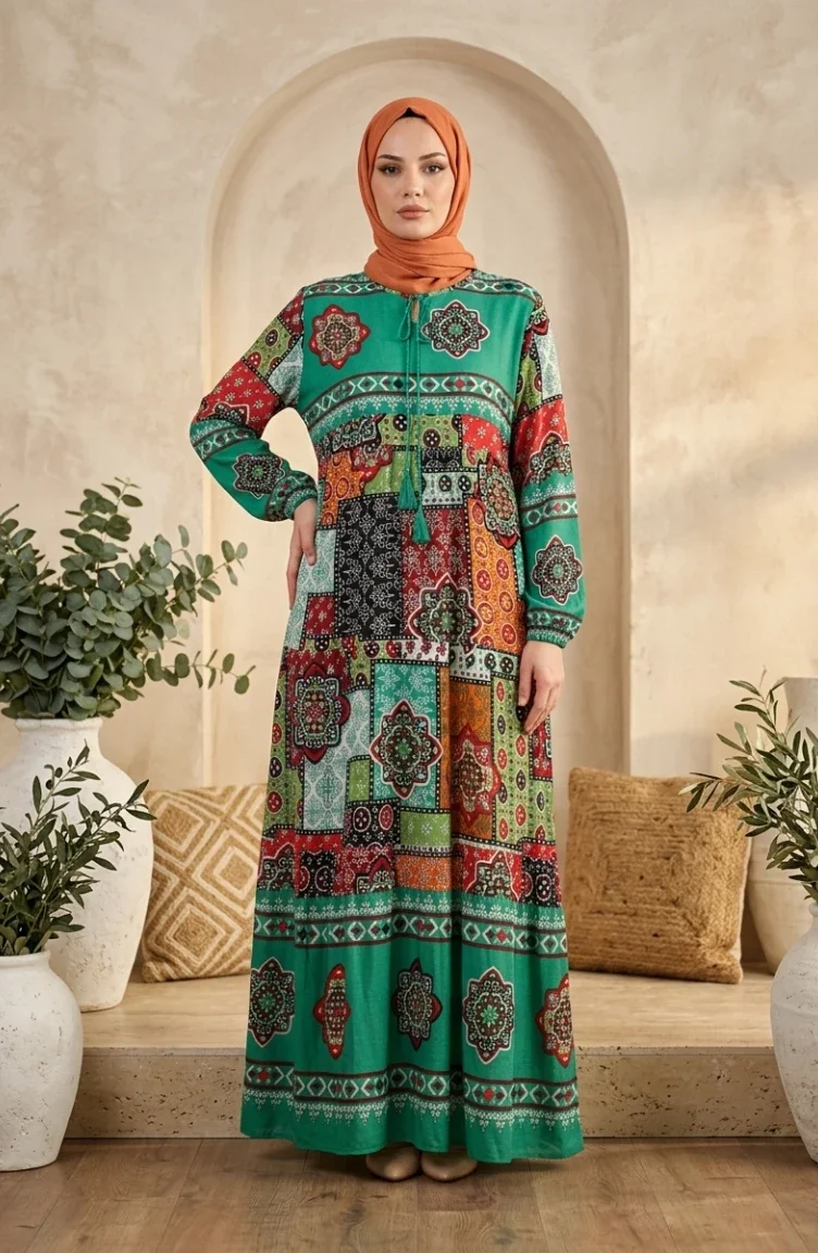 Robe Hijab à Motifs En Viscose 5592-04 Verte 5592-04