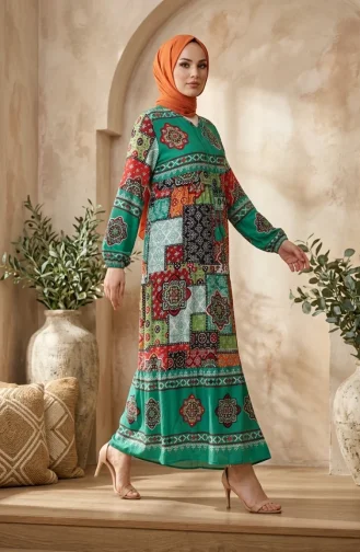 Robe Hijab à Motifs En Viscose 5592-04 Verte 5592-04