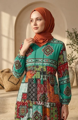 Robe Hijab à Motifs En Viscose 5592-04 Verte 5592-04