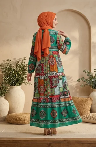 Robe Hijab à Motifs En Viscose 5592-04 Verte 5592-04