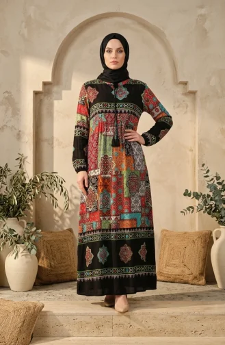 فستان حجاب منقوش من قماش الفسكوز 5592-05 أسود 5592-05