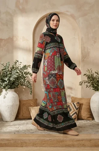 فستان حجاب منقوش من قماش الفسكوز 5592-05 أسود 5592-05