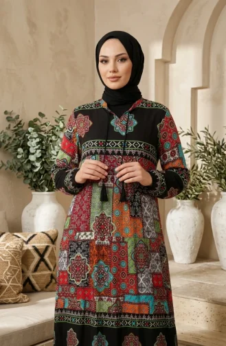 فستان حجاب منقوش من قماش الفسكوز 5592-05 أسود 5592-05