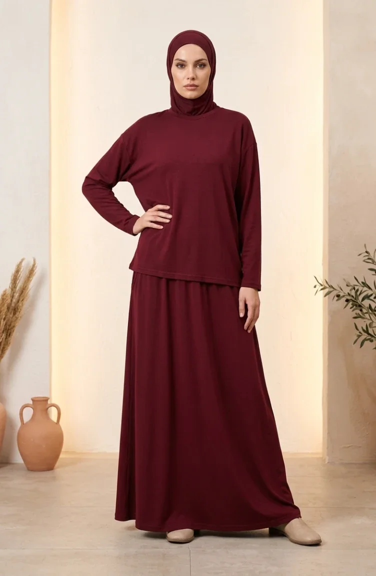 Ensemble Hijab Deux Pièces En Coton Coupe Décontractée 0333-01 Bordeaux 0333-01