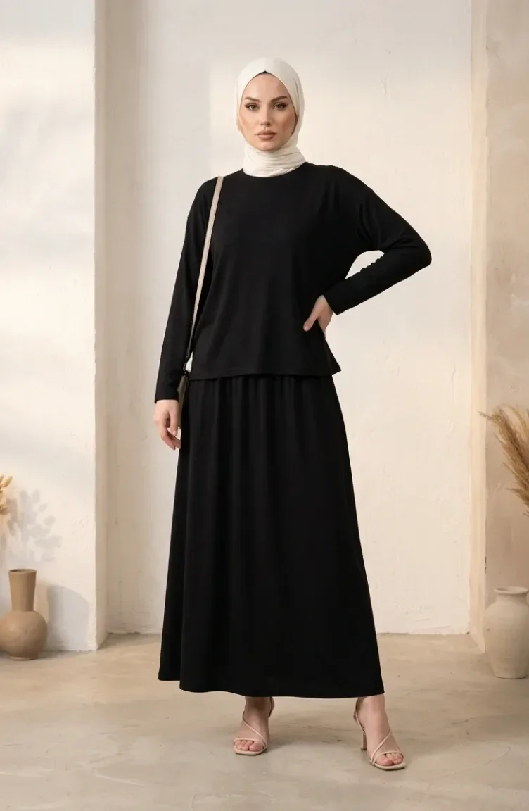 Ensemble Hijab Deux Pièces En Coton Coupe Décontractée 0333-02 Noir 0333-02