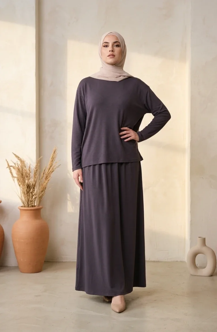 Ensemble Hijab Deux Pièces En Coton Coupe Décontractée 0333-03 Anthracite 0333-03
