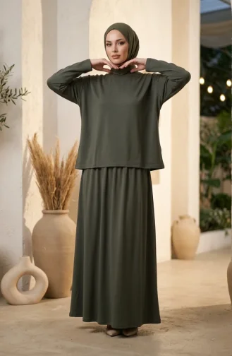 Ensemble Hijab Deux Pièces En Coton Coupe Décontractée 0333-04 Kaki 0333-04