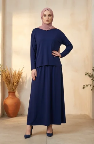 Ensemble Hijab Deux Pièces En Coton Coupe Décontractée 0333-05 Bleu Marine 0333-05