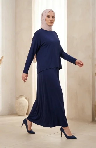 Ensemble Hijab Deux Pièces En Coton Coupe Décontractée 0333-05 Bleu Marine 0333-05