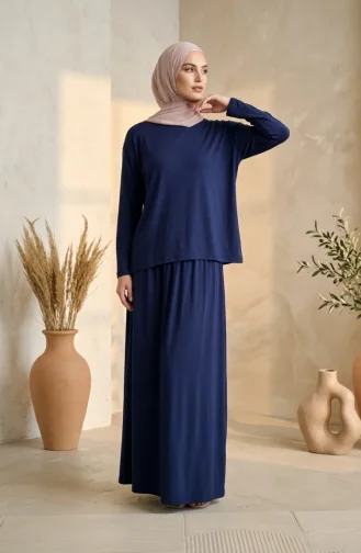 Ensemble Hijab Deux Pièces En Coton Coupe Décontractée 0333-05 Bleu Marine 0333-05