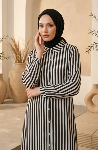 قميص أسود مخطط بأزرار وياقة قميص 0332-03 0332-03