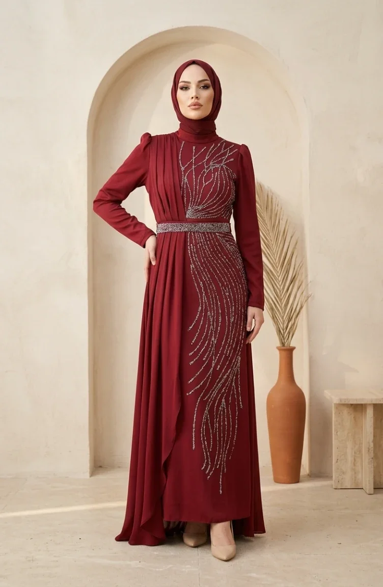 Robe De Soirée Hijab Ornée De Satin 5724-01 Bordeaux 5724-01