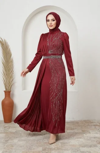 Robe De Soirée Hijab Ornée De Satin 5724-01 Bordeaux 5724-01