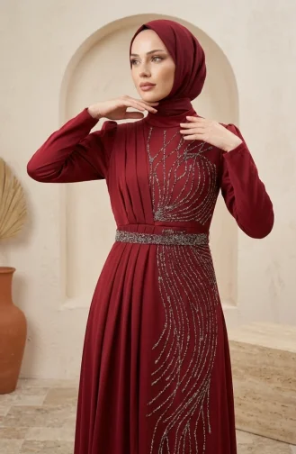 Robe De Soirée Hijab Ornée De Satin 5724-01 Bordeaux 5724-01