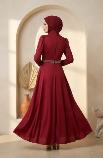 Robe De Soirée Hijab Ornée De Satin 5724-01 Bordeaux 5724-01