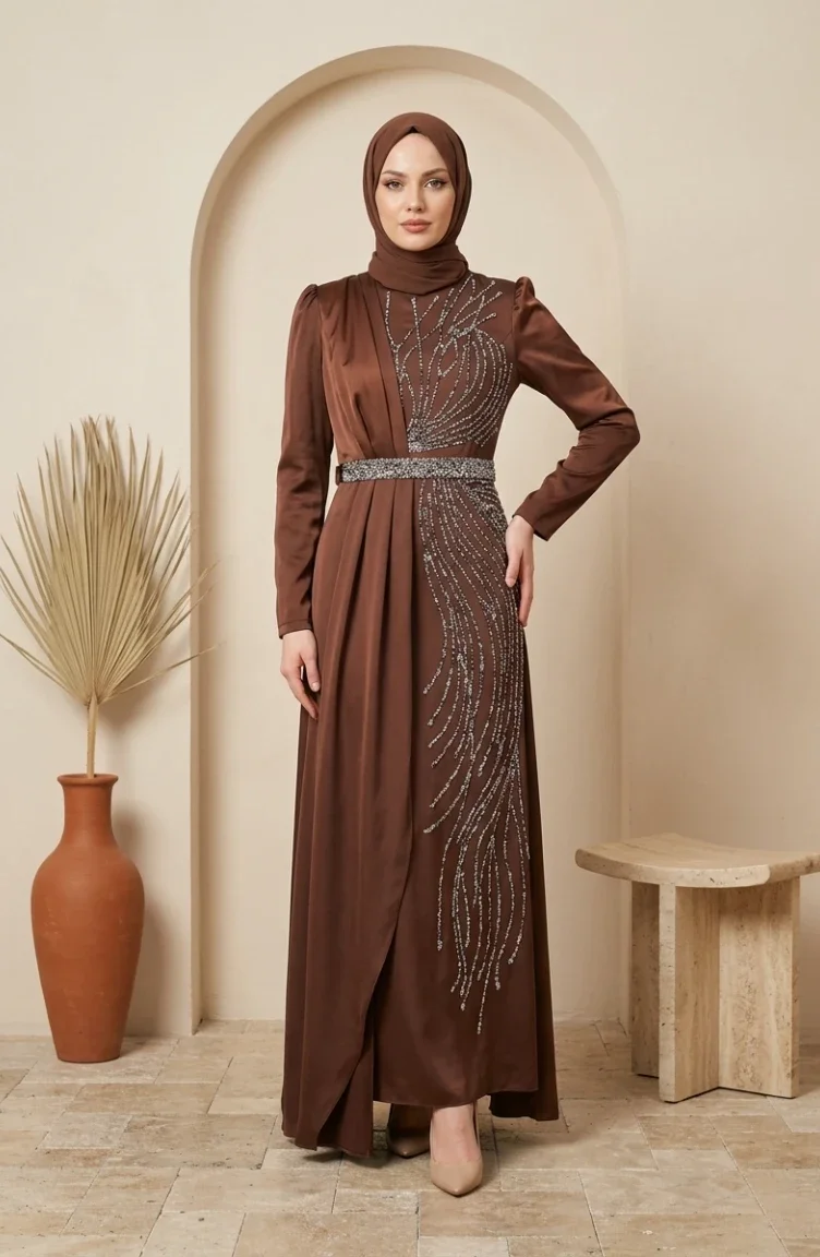 Robe De Soirée Hijab Ornée De Satin 5724-02 Marron 5724-02