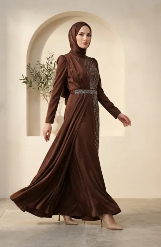Robe De Soirée Hijab Ornée De Satin 5724-02 Marron 5724-02