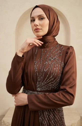 Robe De Soirée Hijab Ornée De Satin 5724-02 Marron 5724-02