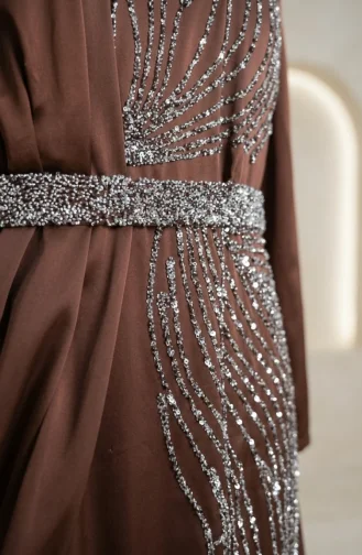 Robe De Soirée Hijab Ornée De Satin 5724-02 Marron 5724-02