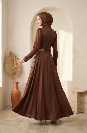 Robe De Soirée Hijab Ornée De Satin 5724-02 Marron 5724-02