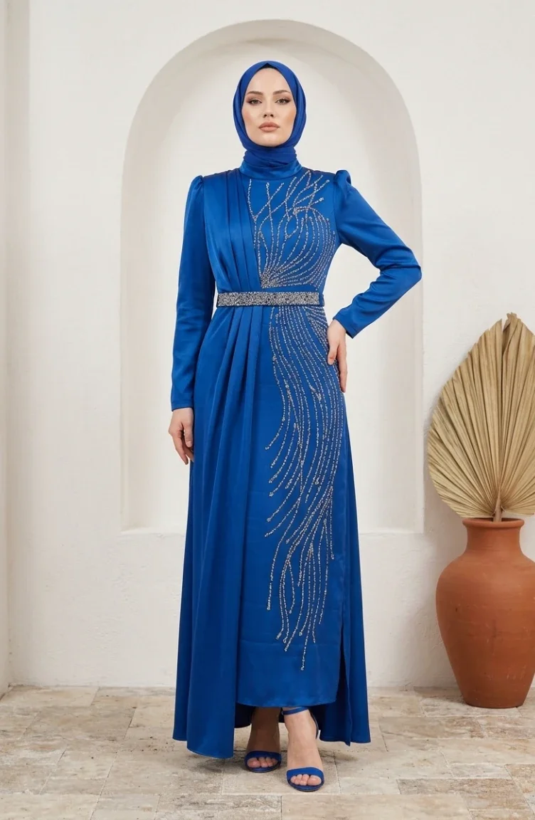 Saten Taşlı Tesettür Abiye Elbise 5724-03 Saks