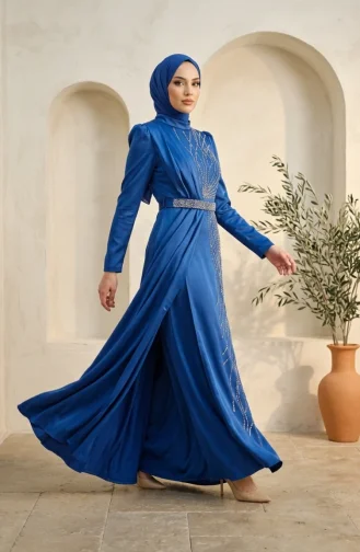 Saten Taşlı Tesettür Abiye Elbise 5724-03 Saks