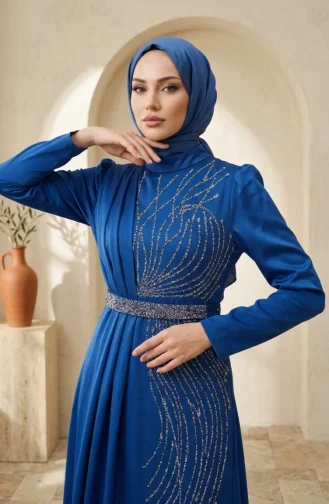 Saten Taşlı Tesettür Abiye Elbise 5724-03 Saks