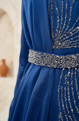 Saten Taşlı Tesettür Abiye Elbise 5724-03 Saks