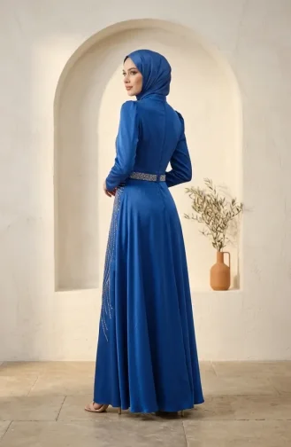 Saten Taşlı Tesettür Abiye Elbise 5724-03 Saks