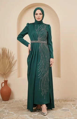 Robe De Soirée Hijab Ornée De Satin 5724-04 Vert émeraude 5724-04