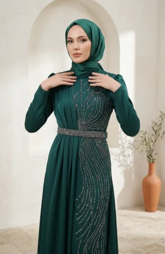 Robe De Soirée Hijab Ornée De Satin 5724-04 Vert émeraude 5724-04