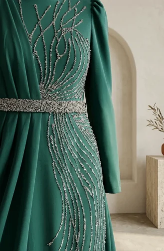 Robe De Soirée Hijab Ornée De Satin 5724-04 Vert émeraude 5724-04