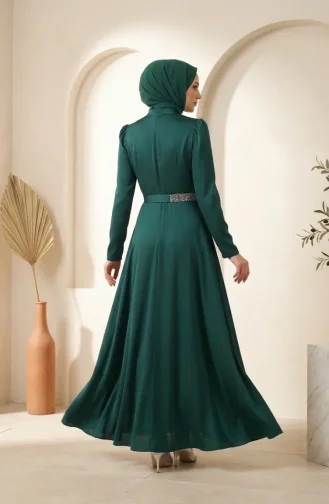 Robe De Soirée Hijab Ornée De Satin 5724-04 Vert émeraude 5724-04